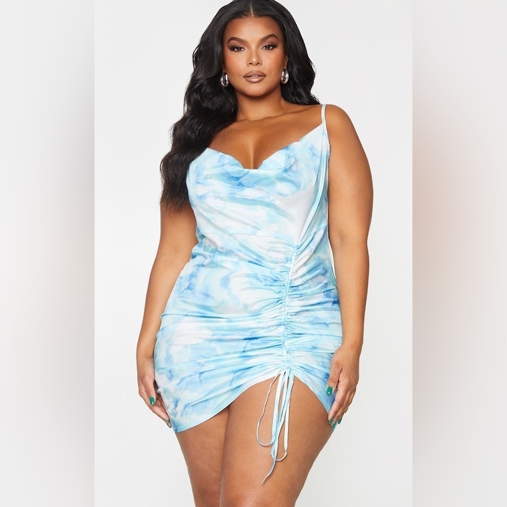 NWT Pretty Little Thing Plus Dusty Blue Tye Dye Cowl Ruched Front Bodycon Dress